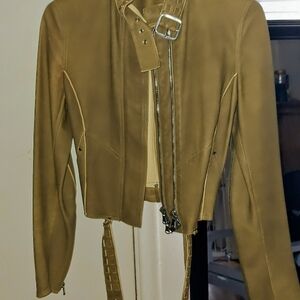 RARE John Varvatos Women’s Tan Leather Belted Moto Jacket